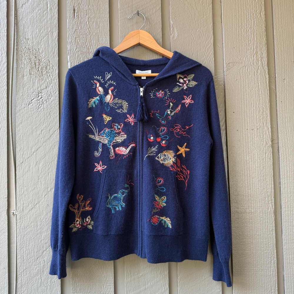 Johnny Was Zoe Hoodie Full-Zip Womens Embroidered Cashmere Medium Navy Blue